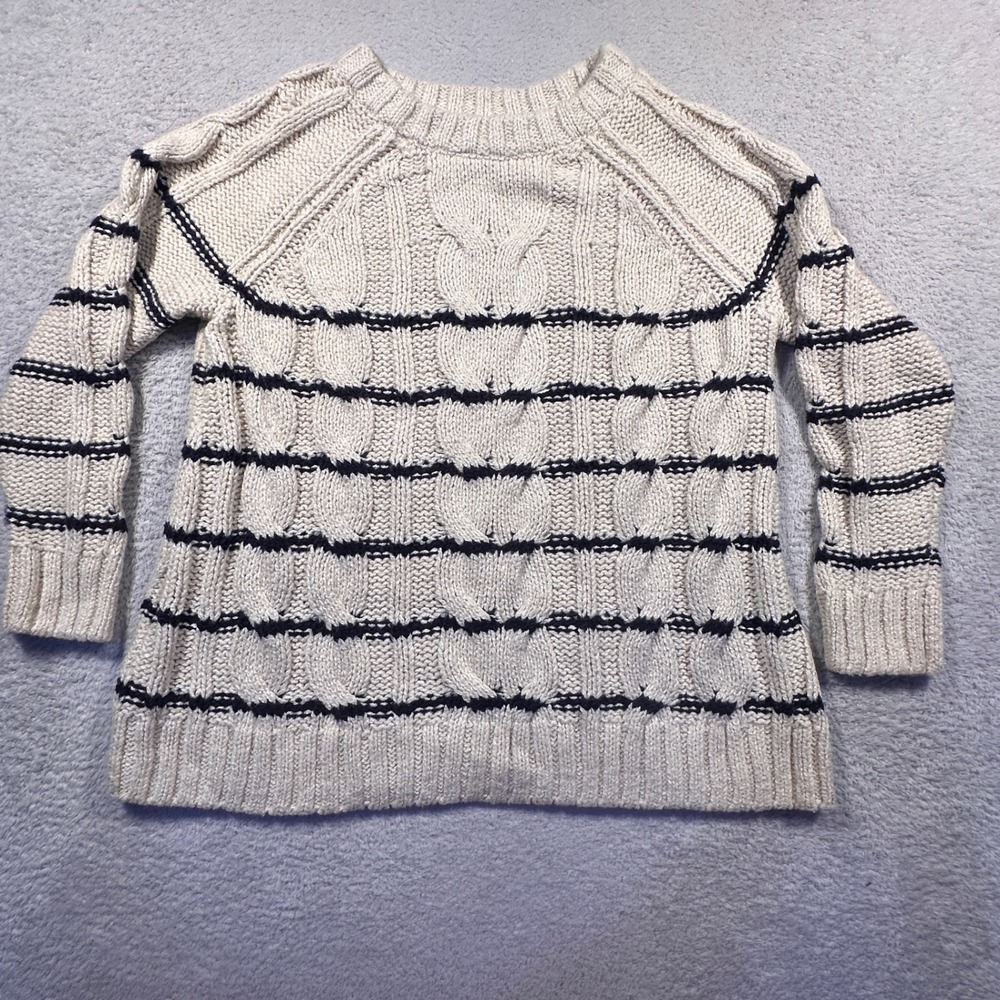J Jill Cable‎ Knit Striped Sweater Ivory Black Cotton Blend Medium Petite